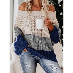 NWT Vimpunec Blue White Striped Colorblock Off Shoulder Chunky Knit Sweater M
